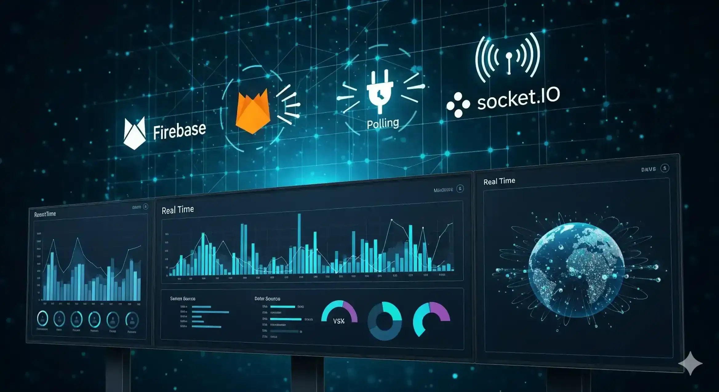 Topology diagrams for Firebase fan-out, Socket.IO cluster with Redis, and HTTP long-polling