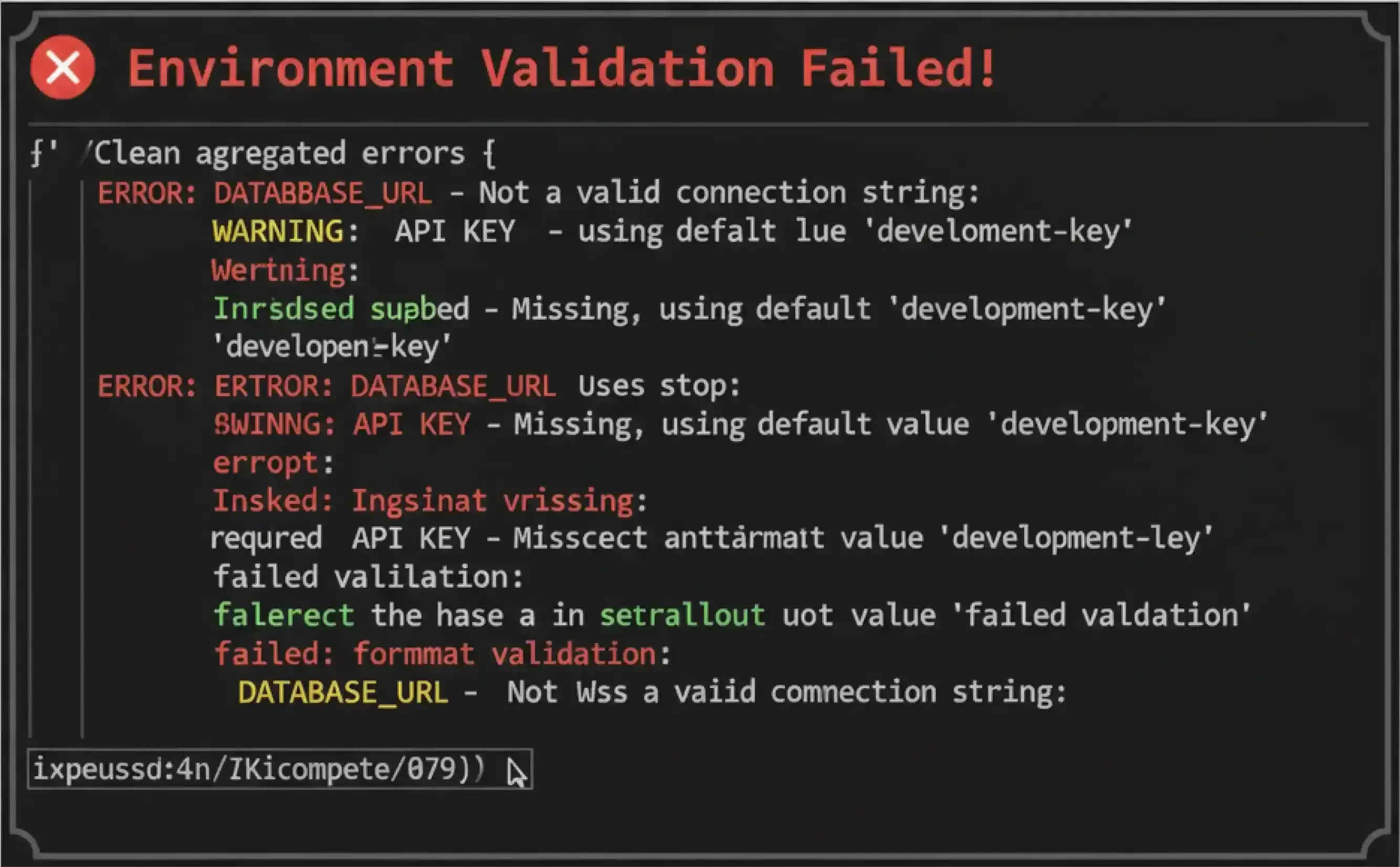 Terminal screenshot showing aggregated, human-readable env validation errors.